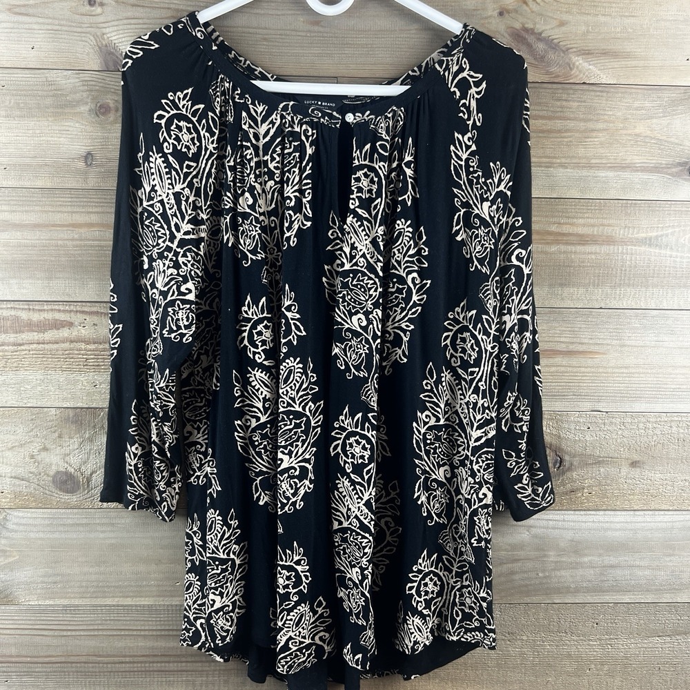 Lucky Brand Womens Shirt 3/4‎ Sleeve Floral Boho Cottagecore Peasant Black 1X